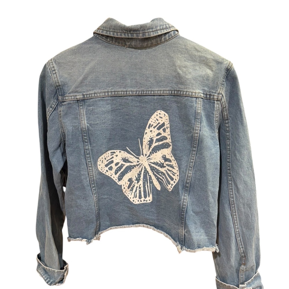 Eighty Eight Premium Butterfly Logo Denim Jacket Rhinestone Cropped Blue sz L
